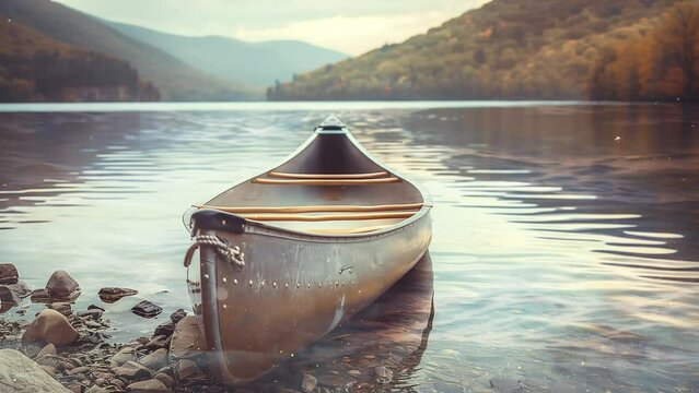 aluminum canoe on a mountain lake seamless looping overlay 4k virtual video animation background