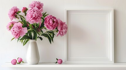 Home interior floral decor on white shelf. Front view blank mock up of photo frame. Beautiful flowers pink peonies in vase on white background.