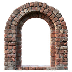 Rustic brick archway with uneven red and brown bricks arranged in a semicircular pattern transparent background clipart