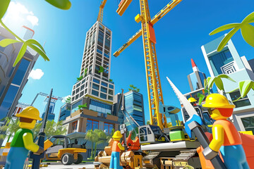 Fototapeta premium Construction Workers and Cranes Building a Skyscraper