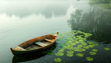 Obraz premium A Wooden Rowboat Resting on a Misty Lake