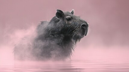  A close-up of a water buffalo in a body of water with steam rising from its head