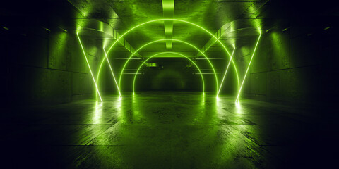 Cyber Garage Futuristic Stage Sci Fi Laser Lights Commercial Backdrop Background Grunge Concrete Glossy VIbrant Empty Space Tunnel Corridor 3D Rendering