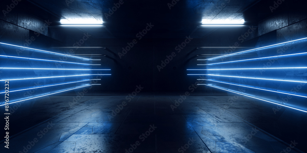 Wall mural Cyber Garage Futuristic Stage Neon Laser Lights Commercial Backdrop Background Grunge Concrete Glossy VIbrant Empty Space Tunnel Corridor 3D Rendering