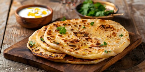 Delicious Indian Aloo Paratha Flatbread Stuffed with Spiced Potatoes, Served with Butter or Curd. Concept Indian Cuisine, Aloo Paratha, Stuffed Flatbread, Spiced Potatoes, Butter, Curd