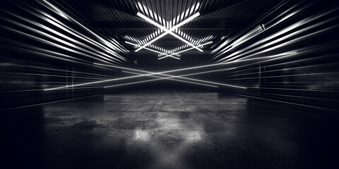 Cyber Neon Spaceship Garage Stage Sci Fi Laser Lights Commercial Backdrop Background Grunge Concrete Metal Glossy Empty Space Tunnel Corridor 3D Rendering