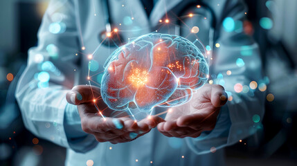 Doctor holding hologram of a human brain. Future technology in medicine.