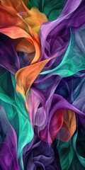 Abstract artwork featuring a swirling, vibrant blend of colors including orange, purple, teal, and green, resembling flowing silk or ethereal waves.