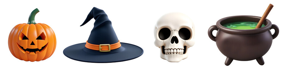 Scary Halloween 3D Icons: Jack-o'-Lantern, Witch's Hat, Cauldron, and Skull