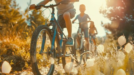 A close-up view of a family biking together, children pedaling with enthusiasm, parents smiling and guiding them, sunlight creating sparkling reflections on their bikes