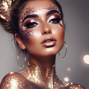 Una encantadora chica latina con un bello maquillaje con mucho glitter, que resalta su belleza