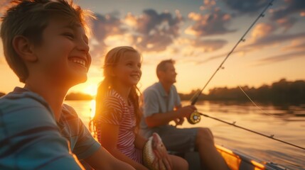 A close-up view of a family fishing on a boat at sunset, children laughing as they reel in a fish, parents guiding them, the sky transitioning from day to night with beautiful suns