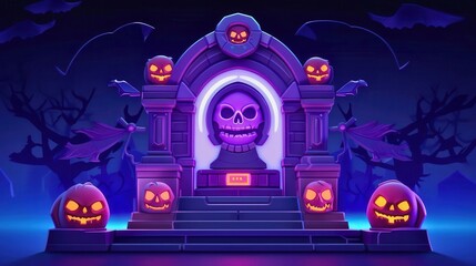 Spooky Halloween night scene with glowing pumpkins, a skull monument, and eerie trees, perfect for seasonal and holiday themes.