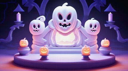 Fototapeta premium Spooky Halloween scene with glowing ghost pumpkins and eerie candlelight in a dark, mystical setting. Perfect for festive and spooky themes.