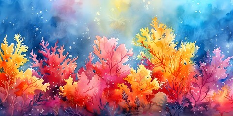 Vibrant watercolor painting of golden sea moss in an underwater marine scene. Concept Watercolor painting, Golden sea moss, Underwater scene, Marine life, Vibrant colors