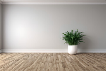 3D rendering of modern empty room interior. Plant pot. Parquet floor