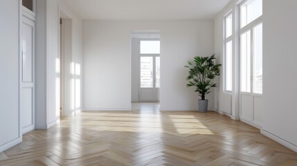 Fototapeta premium White walls, bright windows, wooden floors, empty modern interior, contemporary apartment, sunlit spaces, loft style, clean architecture, parquet