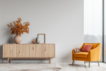 Living room interiors minimalist composition with a modern chair type couch next to a large window. Residential Real Estate conceptual image in neutral colors.