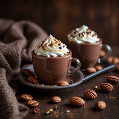 a cup of hot chocolate with whipped cream and nuts on a plate