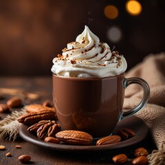 a cup of hot chocolate with whipped cream and nuts on a plate