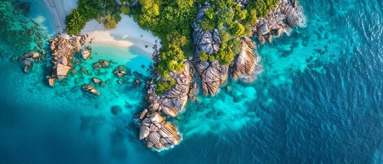 Beautiful nature landscape. Aerial view of tropical rocky island, turquoise water and white sand beach. World environment day