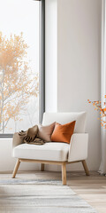 Living room interiors minimalist composition with a modern chair type couch next to a large window. Residential Real Estate conceptual image in neutral colors.
