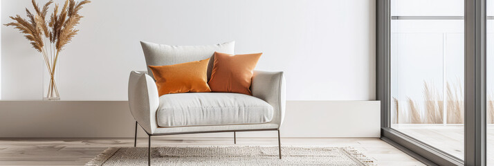 Living room interiors minimalist composition with a modern chair type couch next to a large window. Residential Real Estate conceptual image in neutral colors.