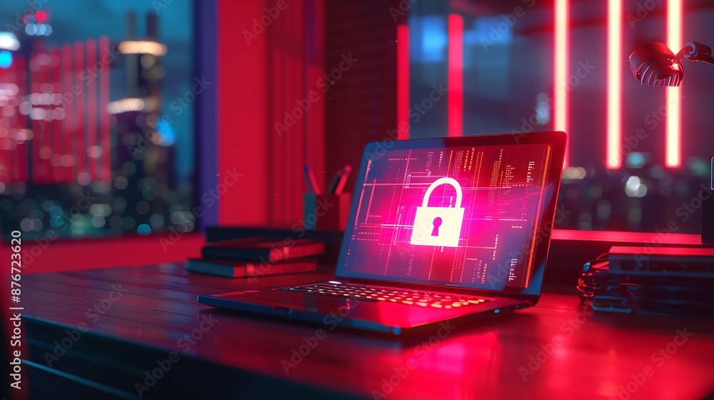 Poster system hacked warning alert on notebook (laptop). cyber attack on computer network, virus, spyware, 