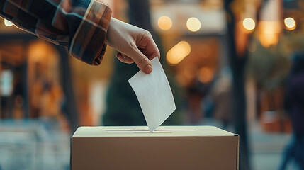 A person's hand casting their ballot into the brown box