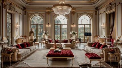 Luxurious living room with intricate brass detailing on furniture and decor, opulent chandeliers, and plush fabrics, exuding elegance and refinement