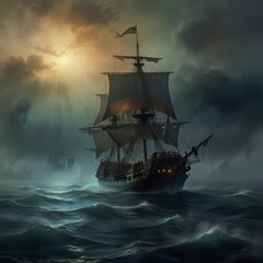 Obraz premium a ship in the ocean with the sun setting behind it.