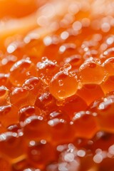 The macro texture of delicious fresh salmon caviar is vividly captured in close-up detail.