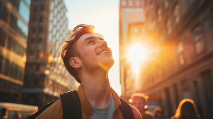 Man gazing skyward in urban setting