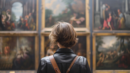 Obraz premium Woman in leather jacket viewing art
