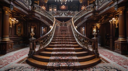 Obraz premium Ornate brass detailing on a grand staircase, luxurious carpets, and intricate railings, set in an opulent mansion interior