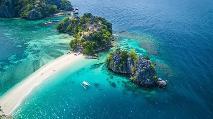 Beautiful nature landscape. Aerial view of tropical rocky island, turquoise water and white sand beach. World environment day