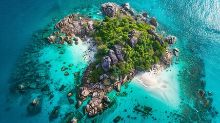 Beautiful nature landscape. Aerial view of tropical rocky island, turquoise water and white sand beach. World environment day