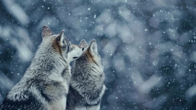 Two wolves gazing into the distance in a snowfall in the Mountains