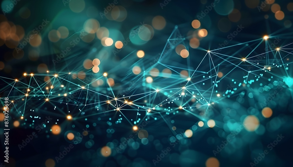 Poster abstract blue green technology background with a cyber network grid and connected particles. artific