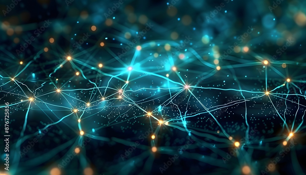 Poster abstract blue green technology background with a cyber network grid and connected particles. artific