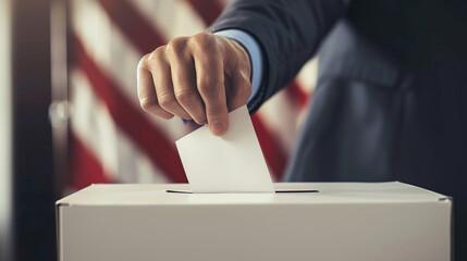 With an American flag in the background, a man's hand holds a ballot in front of a ballot box