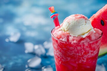 A refreshing glass of fresh watermelon juice topped with a scoop of creamy vanilla ice cream, adorned with a colorful drink tube. The vibrant pink juice contrasts beautifully with the white ice cream,