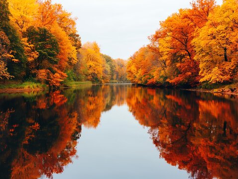 Tranquil autumn scene with vibrant fall foliage reflected in a still lake.
