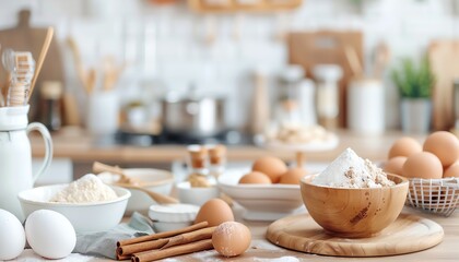 Ingredients for baking on a kitchen counter, including flour, eggs, and cinnamon.