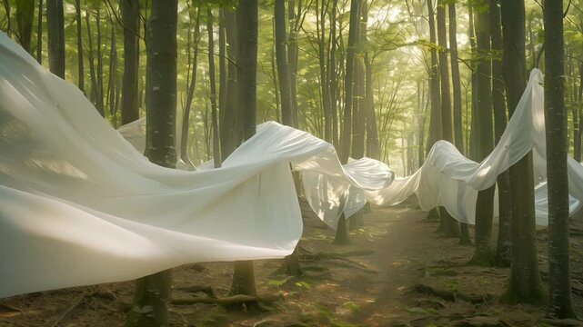 A visual representation of the interconnection between the wind the trees and the fabric creating a harmonious dance in the clearing.