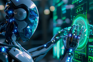 Close up of a futuristic AI robot with a sleek metal