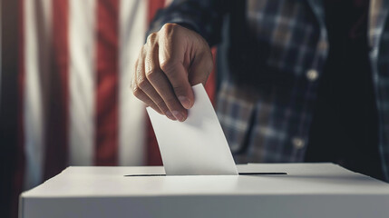 With an American flag in the background, a man's hand holds a ballot in front of a ballot box