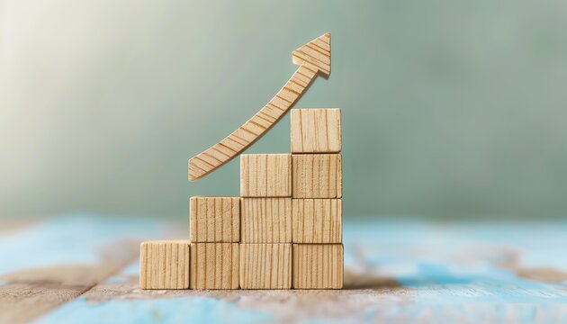 Wooden blocks with a dollar sign and upward arrow on a grey background, representing financial success and wealth accumulation Flat lay High quality, no realistic photo details