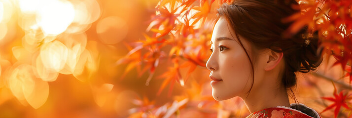 Fototapeta premium Portrait of Woman in Kimono with Red Maple - Japanese Travel Concept