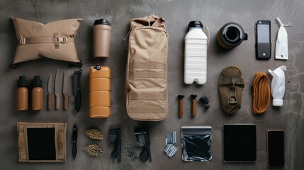 Basic survival kit contents displayed, emphasizing the essential and fundamental necessities for emergencies, in a straightforward presentation